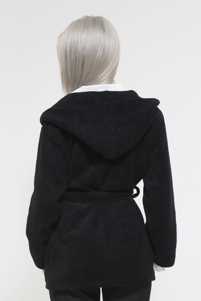 BLACK JACKET WITH WAIST BELT AND HOOD