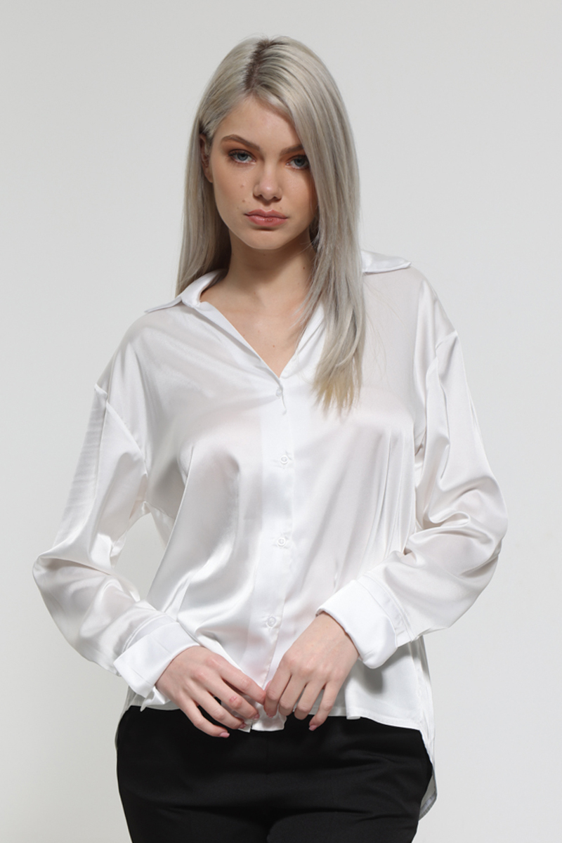 WHITE SATIN LONG SLEEVE SHIRT