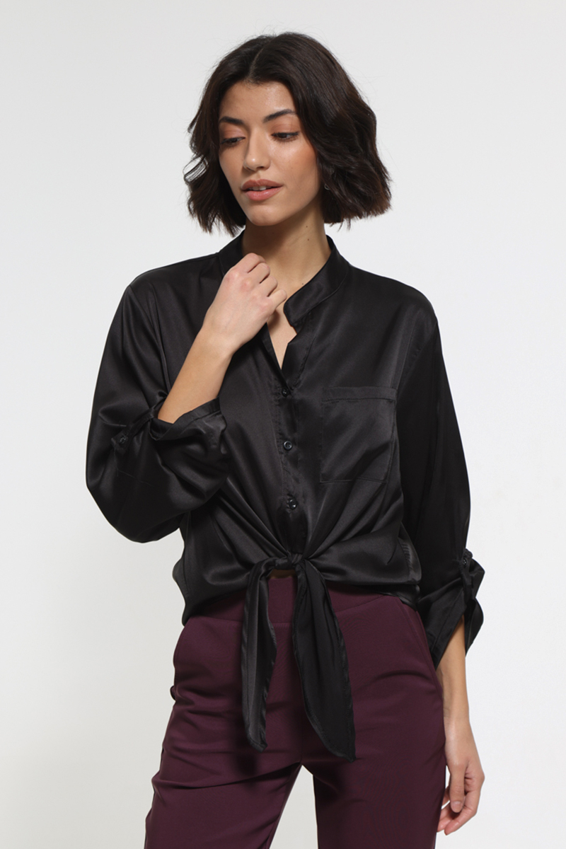 SATIN LONG SLEEVE BLACK SHIRT