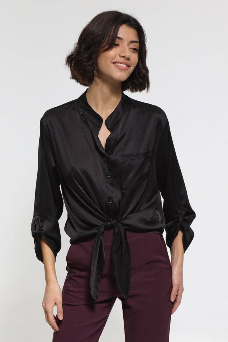 SATIN LONG SLEEVE BLACK SHIRT