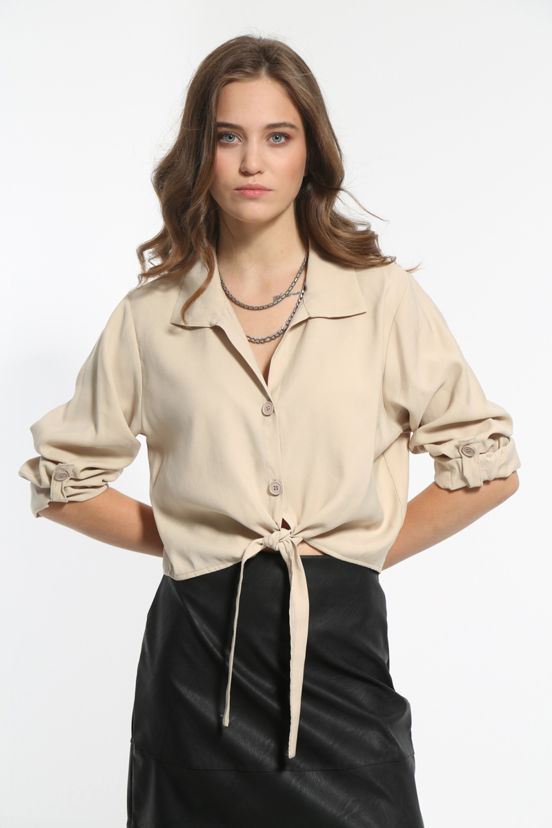 BEIGE LONG SLEEVED SHIRT WITH FRONT TIE