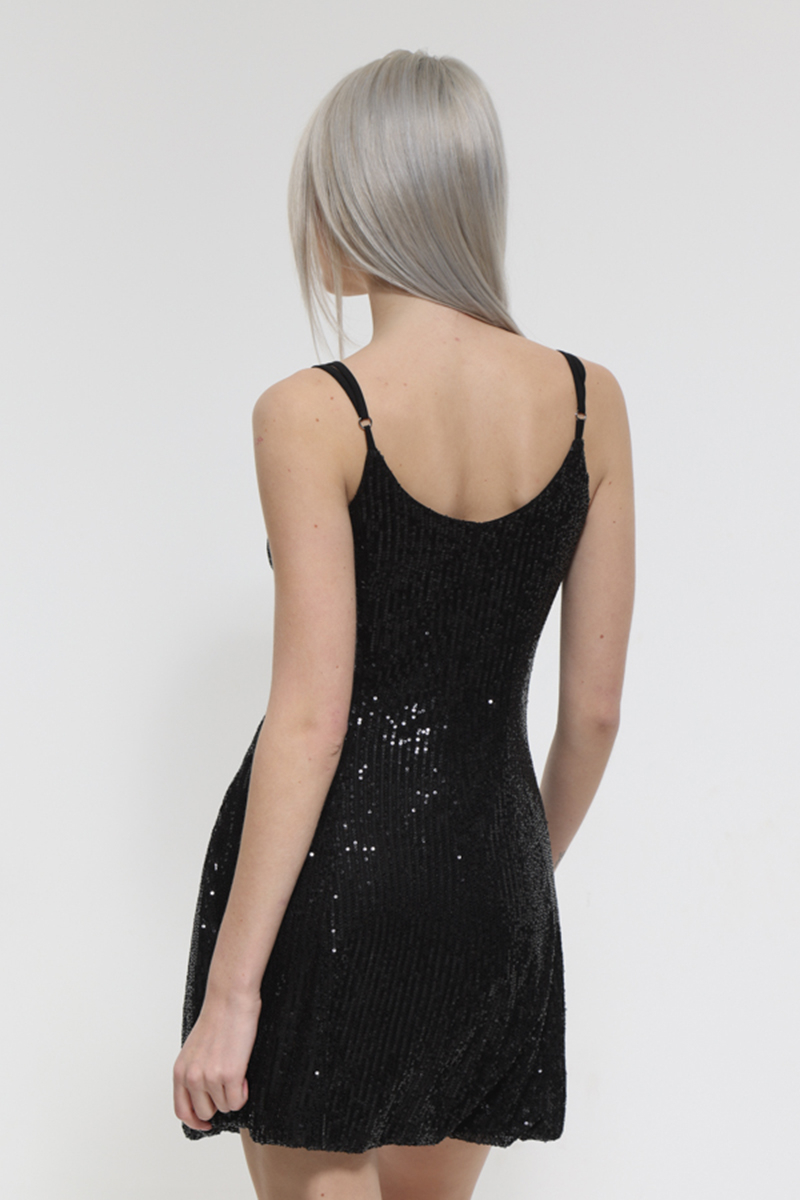 BLACK SQUIDED MINI DRESS WITH SEQUINS AND THIN STRAPS