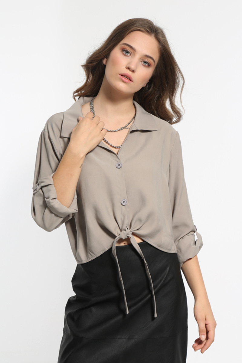 GRAY LONG SLEEVED SHIRT WITH FRONT TIE