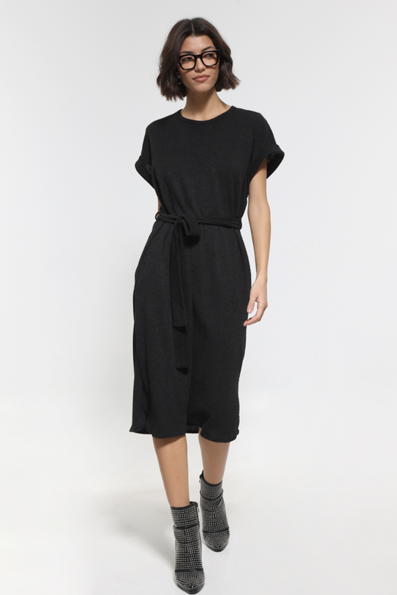 SLEEVELESS MIDI BLACK DRESS WITH WAIST BELT