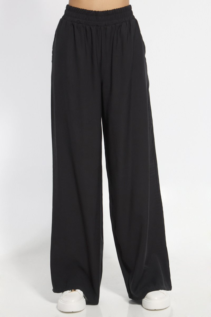 BLACK WIDE PANTS WITH POCKET AND ELASTIC WAIST