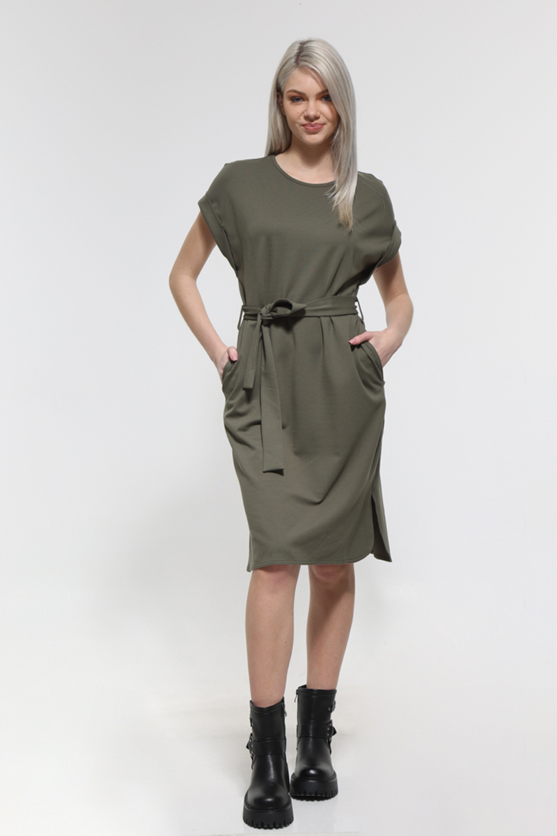 KHAKI MIDI SLEEVELESS DRESS WITH POCKETS AND TIE WAIST