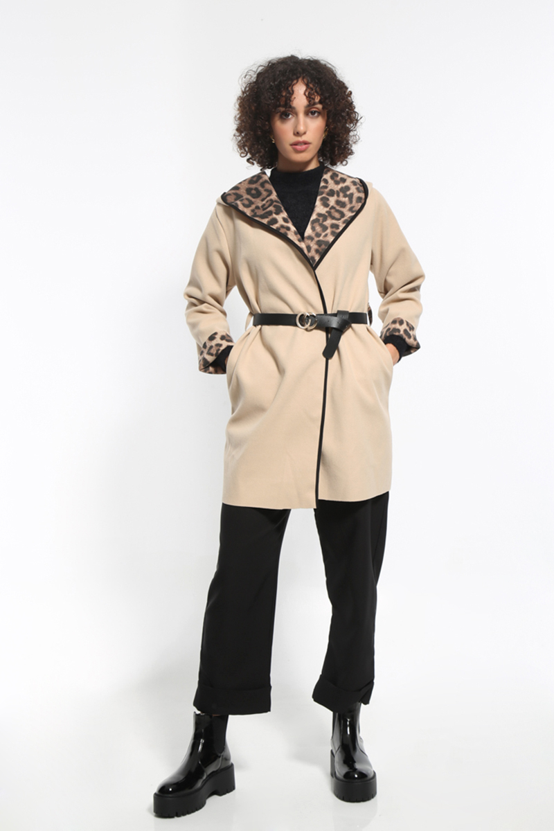 BEIGE COAT WITH HOOD AND WAIST BELT