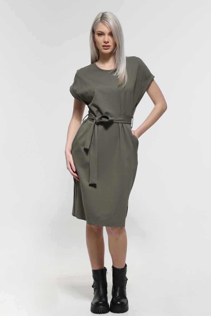 KHAKI MIDI SLEEVELESS DRESS WITH POCKETS AND TIE WAIST