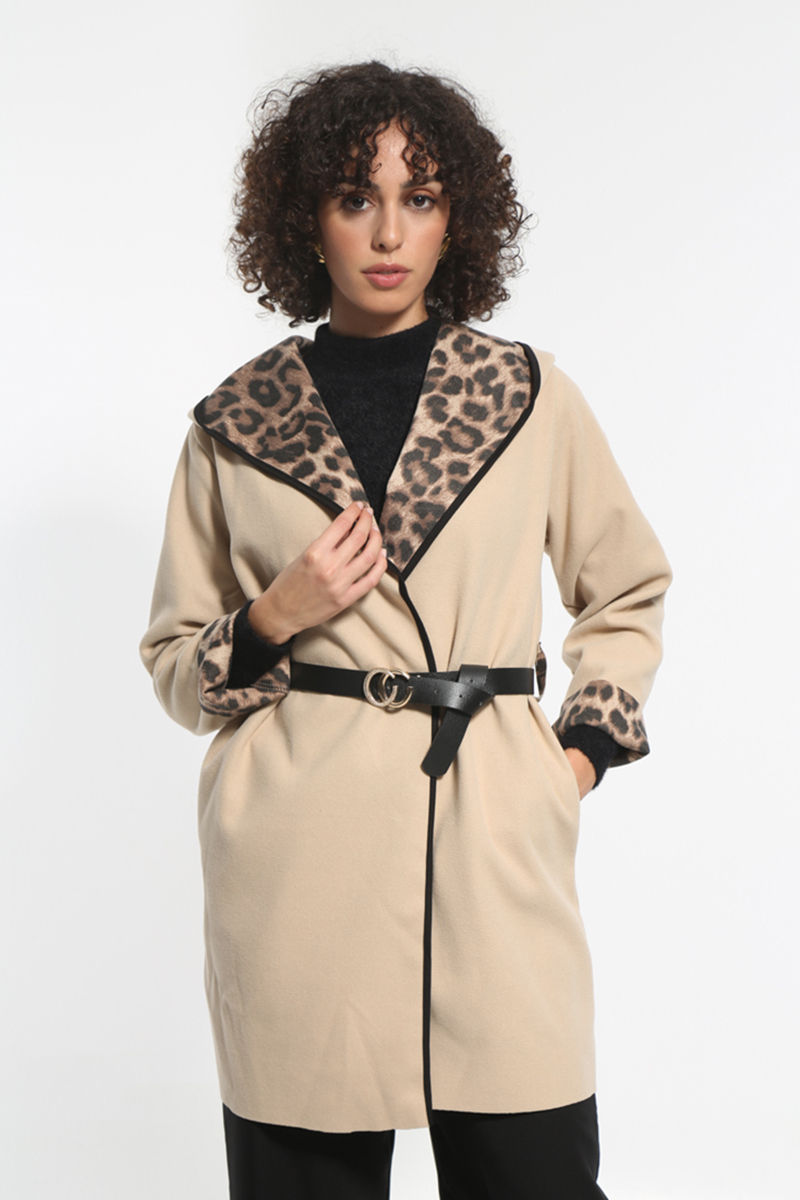 BEIGE COAT WITH HOOD AND WAIST BELT