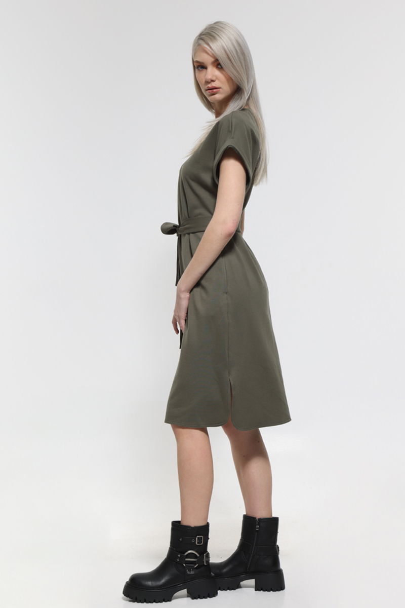 KHAKI MIDI SLEEVELESS DRESS WITH POCKETS AND TIE WAIST