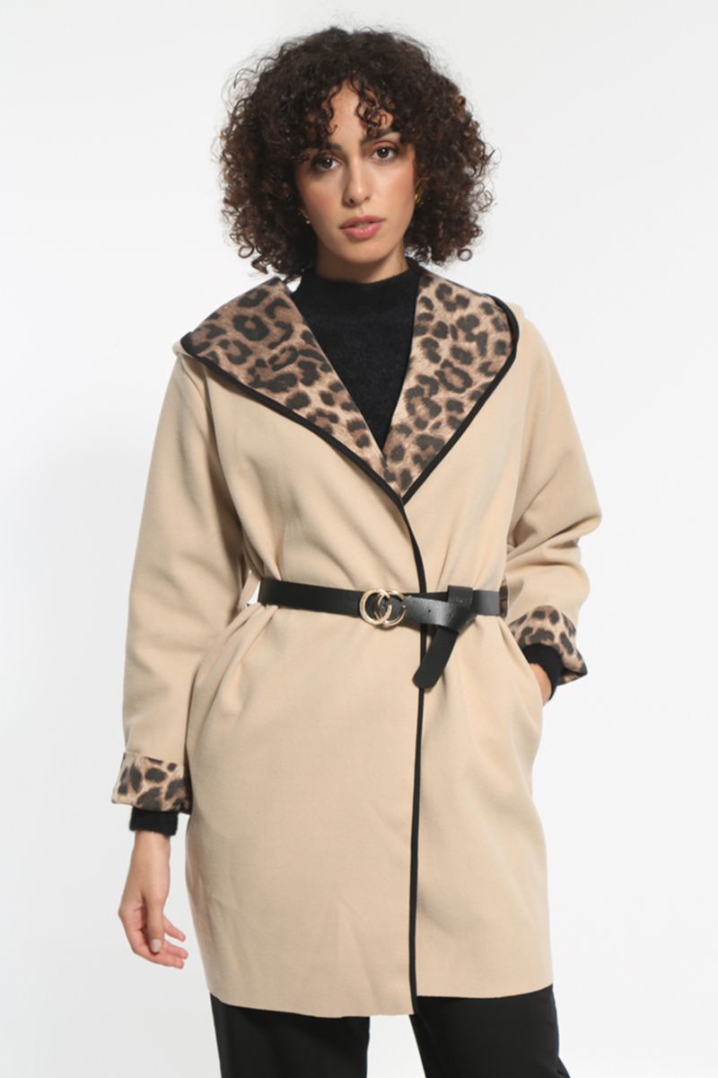 BEIGE COAT WITH HOOD AND WAIST BELT