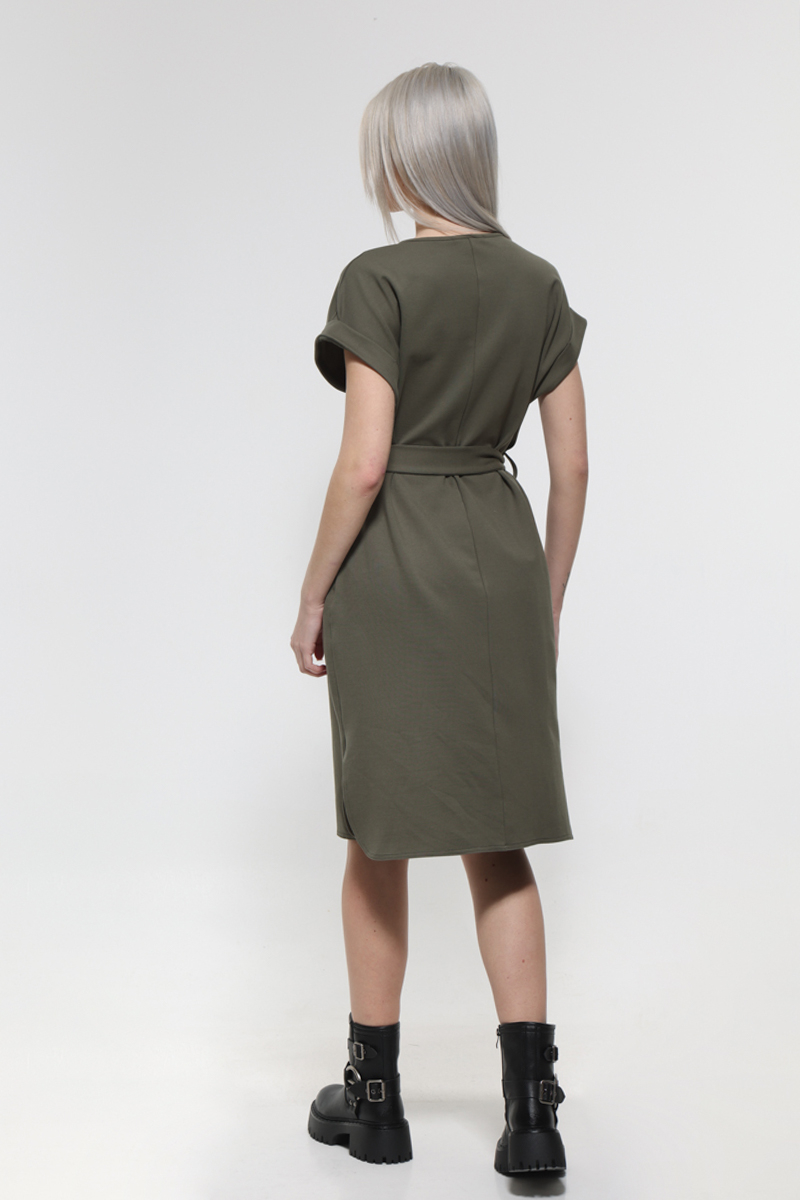 KHAKI MIDI SLEEVELESS DRESS WITH POCKETS AND TIE WAIST