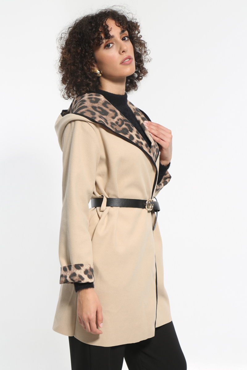 BEIGE COAT WITH HOOD AND WAIST BELT