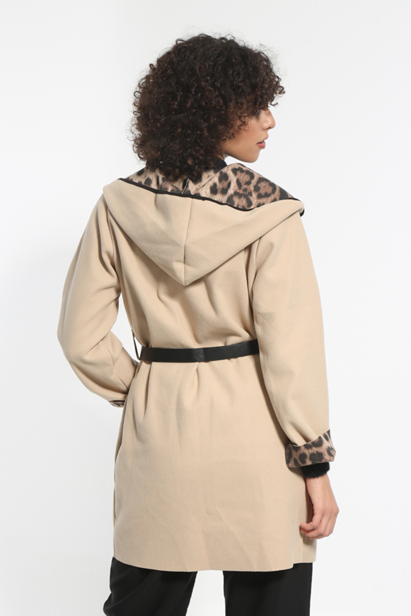 BEIGE COAT WITH HOOD AND WAIST BELT