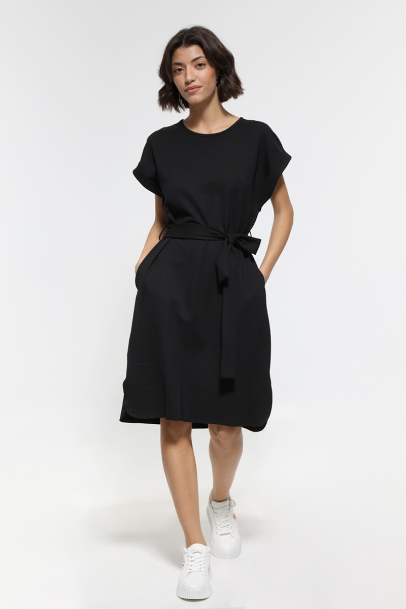 BLACK MIDI SLEEVELESS DRESS WITH POCKETS AND TIE WAIST