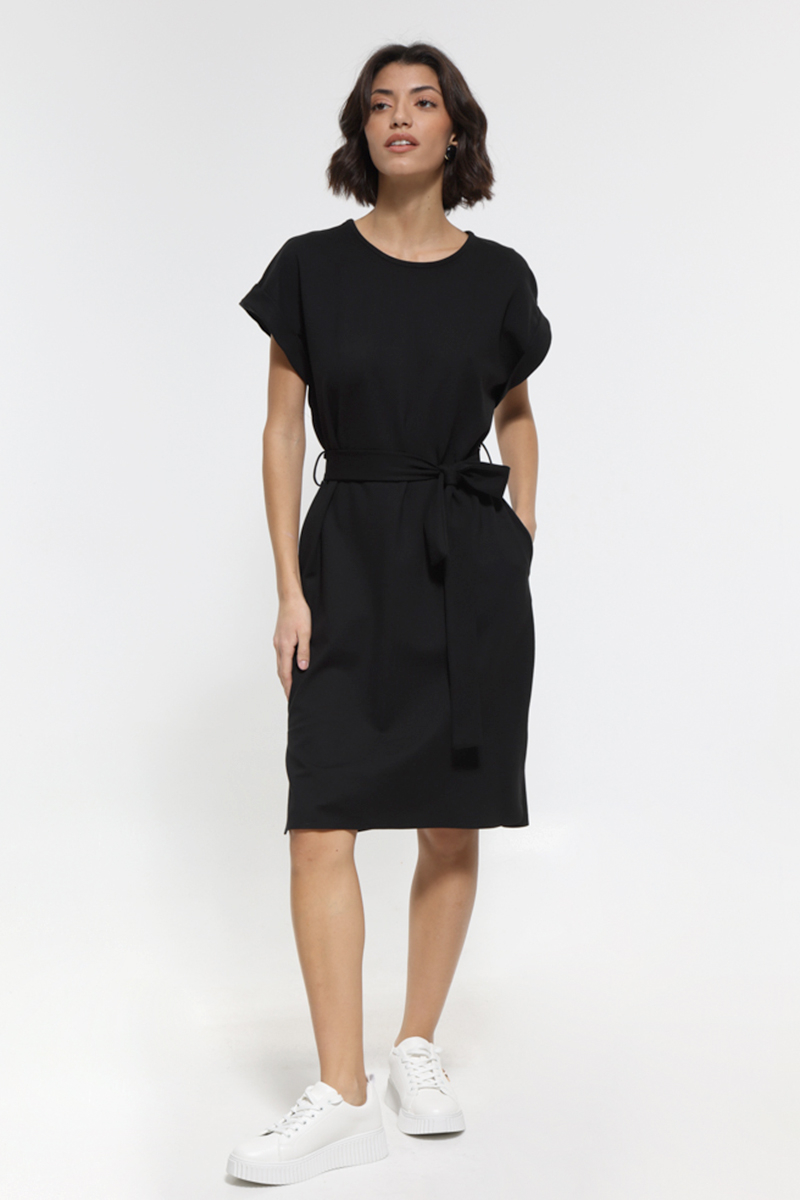 BLACK MIDI SLEEVELESS DRESS WITH POCKETS AND TIE WAIST