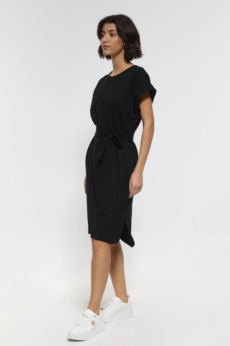 BLACK MIDI SLEEVELESS DRESS WITH POCKETS AND TIE WAIST