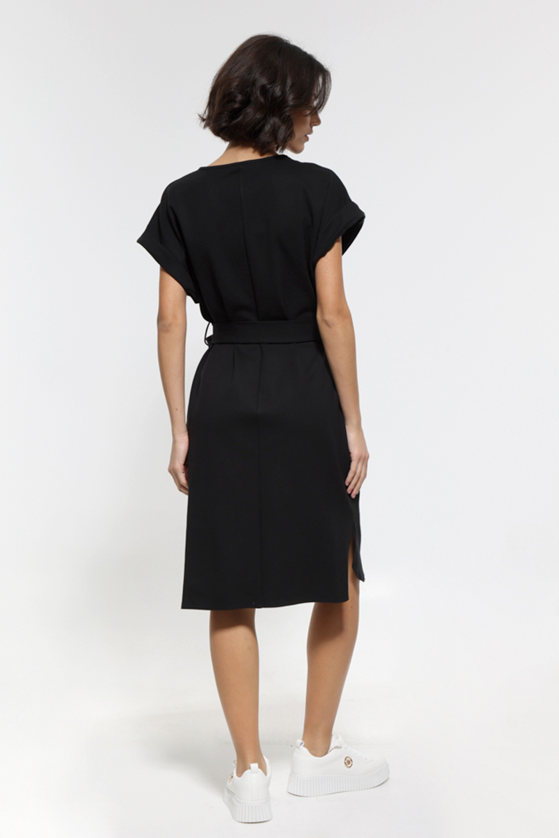 BLACK MIDI SLEEVELESS DRESS WITH POCKETS AND TIE WAIST