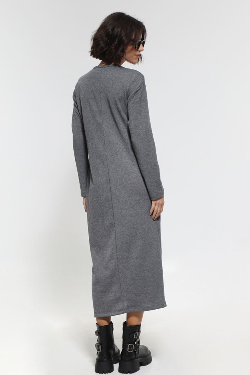 FULL-BODY GRAY LONG-SLEEVED V-NECK DRESS