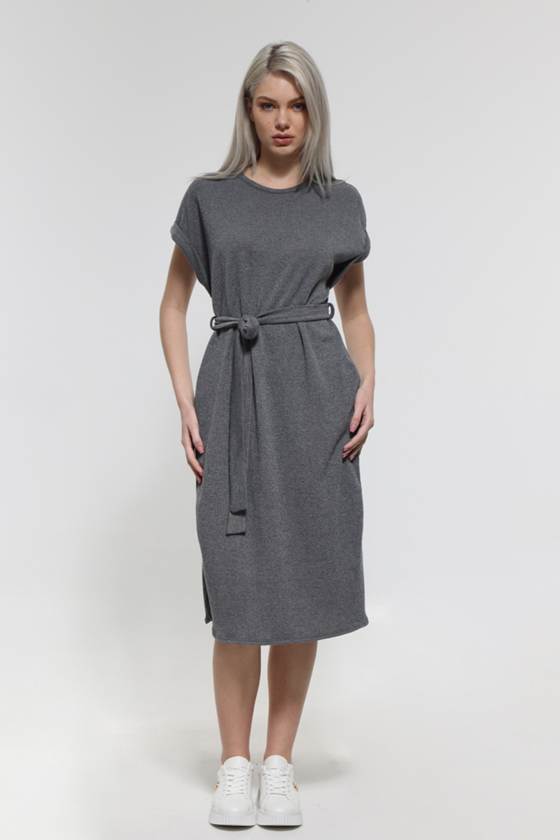 GRAY SLEEVELESS MIDI DRESS WITH WAIST BELT