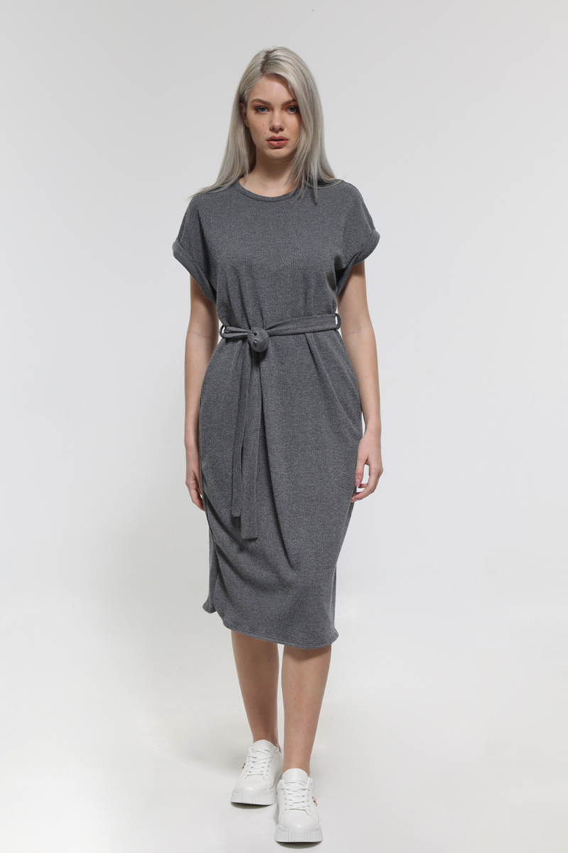 GRAY SLEEVELESS MIDI DRESS WITH WAIST BELT