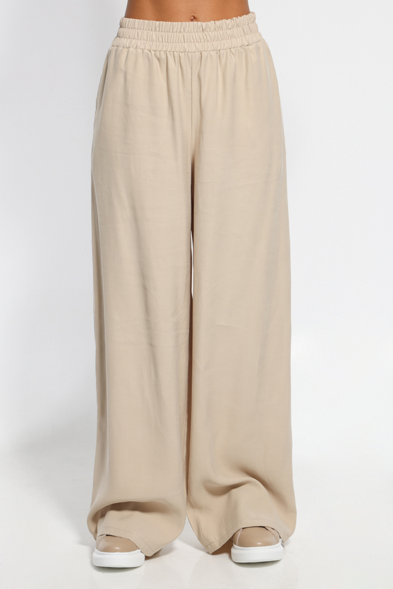 BEIGE WIDE PANTS WITH POCKETS AND ELASTIC WAIST