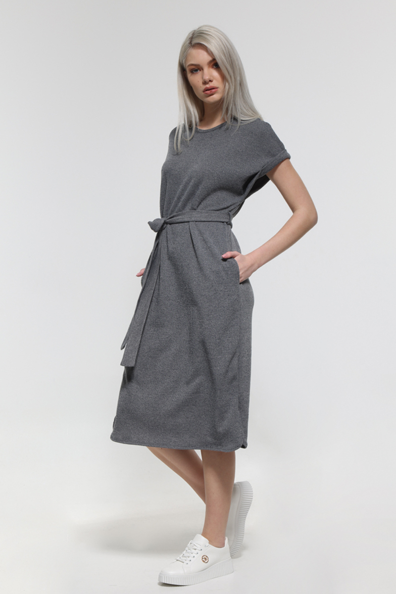 GRAY SLEEVELESS MIDI DRESS WITH WAIST BELT