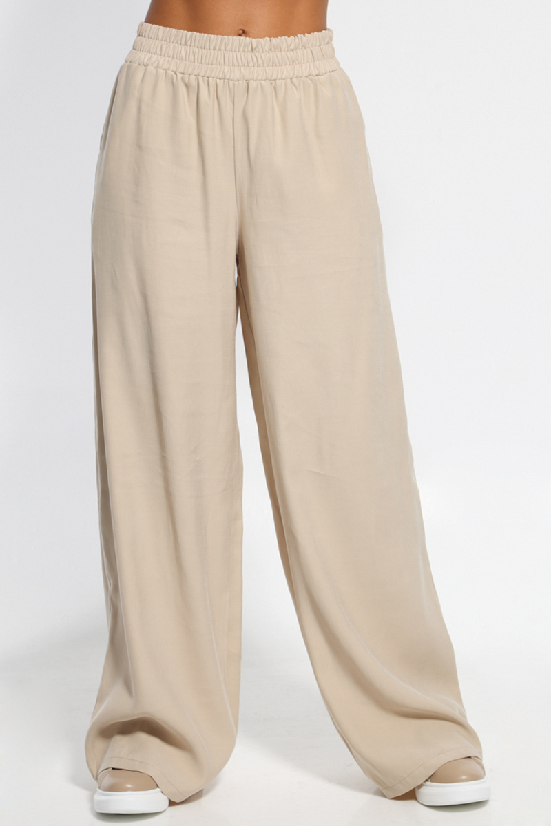 BEIGE WIDE PANTS WITH POCKETS AND ELASTIC WAIST