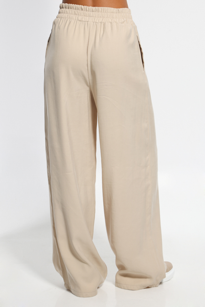 BEIGE WIDE PANTS WITH POCKETS AND ELASTIC WAIST