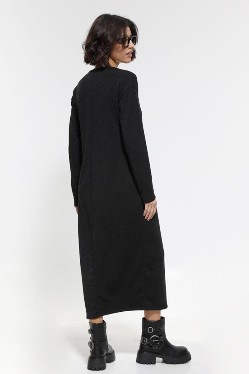 BLACK V-NECK LONG SLEEVED ONE PIECE DRESS