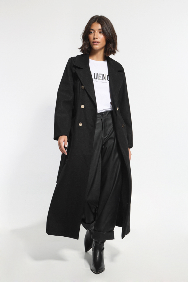 LONG BLACK COAT WITH BELT AND GOLDEN BUTTONS