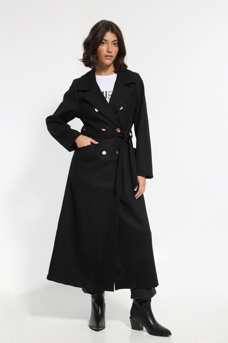 LONG BLACK COAT WITH BELT AND GOLDEN BUTTONS