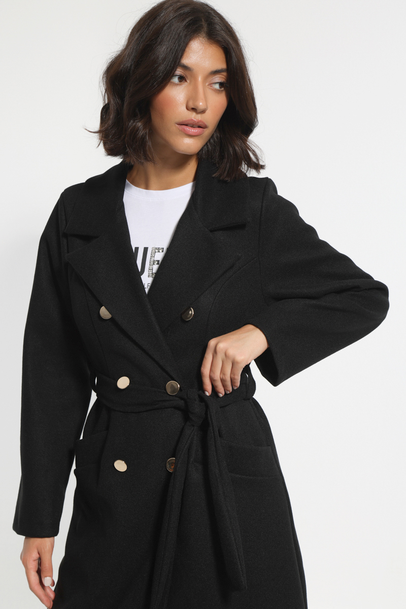 LONG BLACK COAT WITH BELT AND GOLDEN BUTTONS