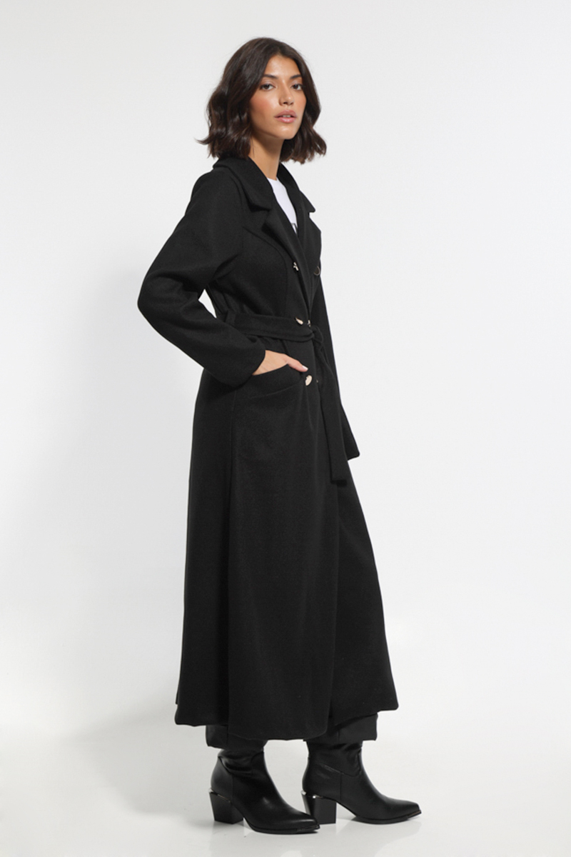 LONG BLACK COAT WITH BELT AND GOLDEN BUTTONS