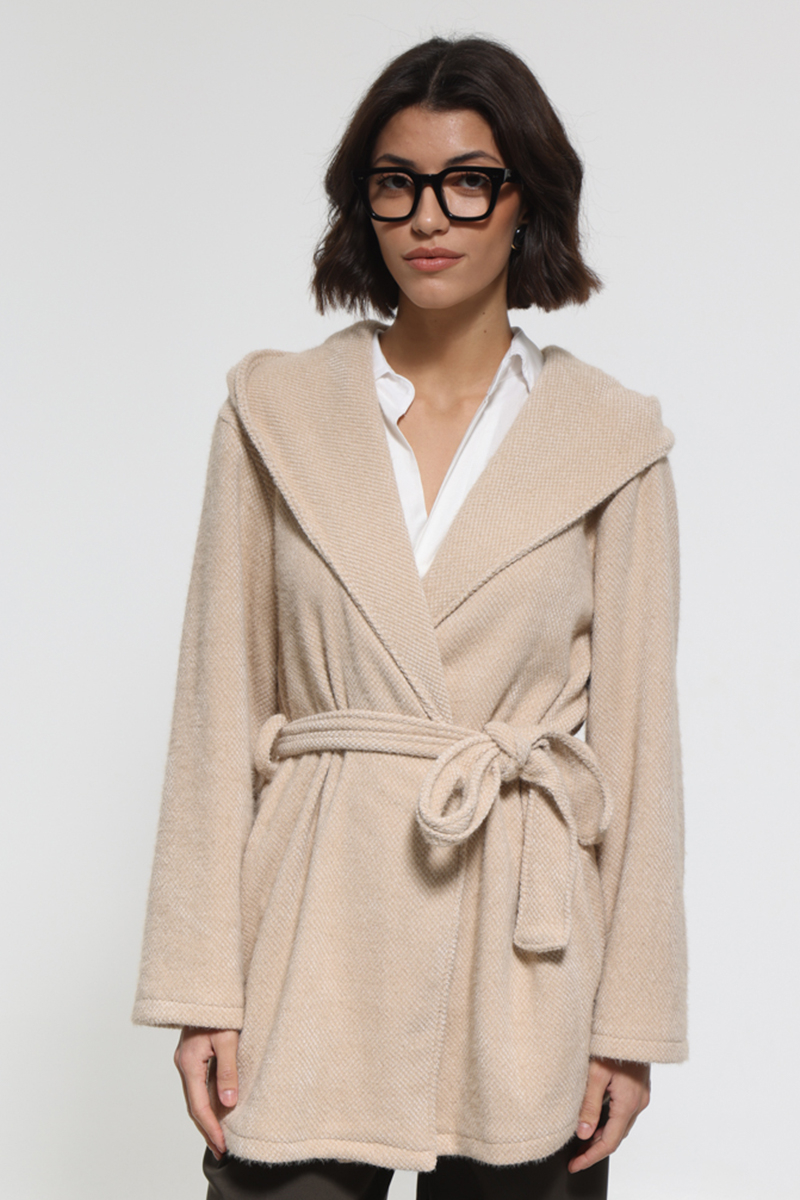 BEIGE JACKET WITH WAIST BELT AND HOOD