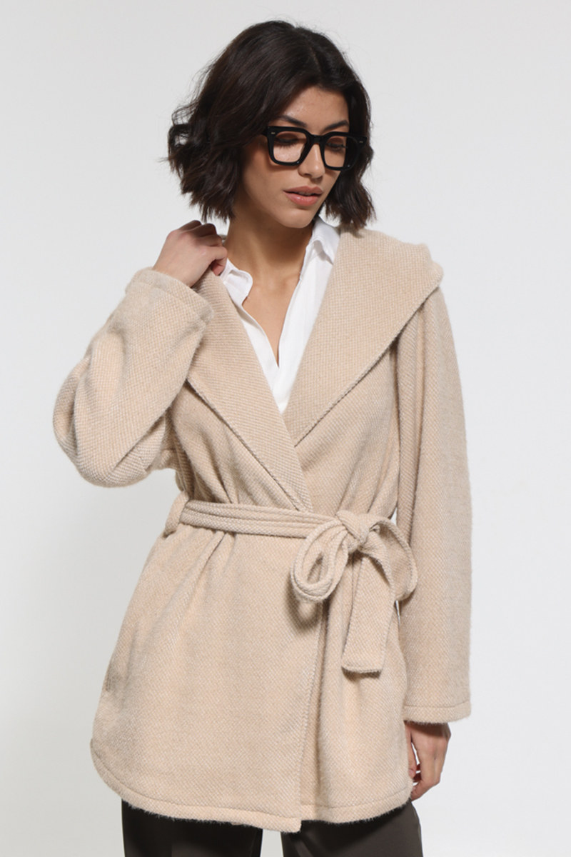 BEIGE JACKET WITH WAIST BELT AND HOOD