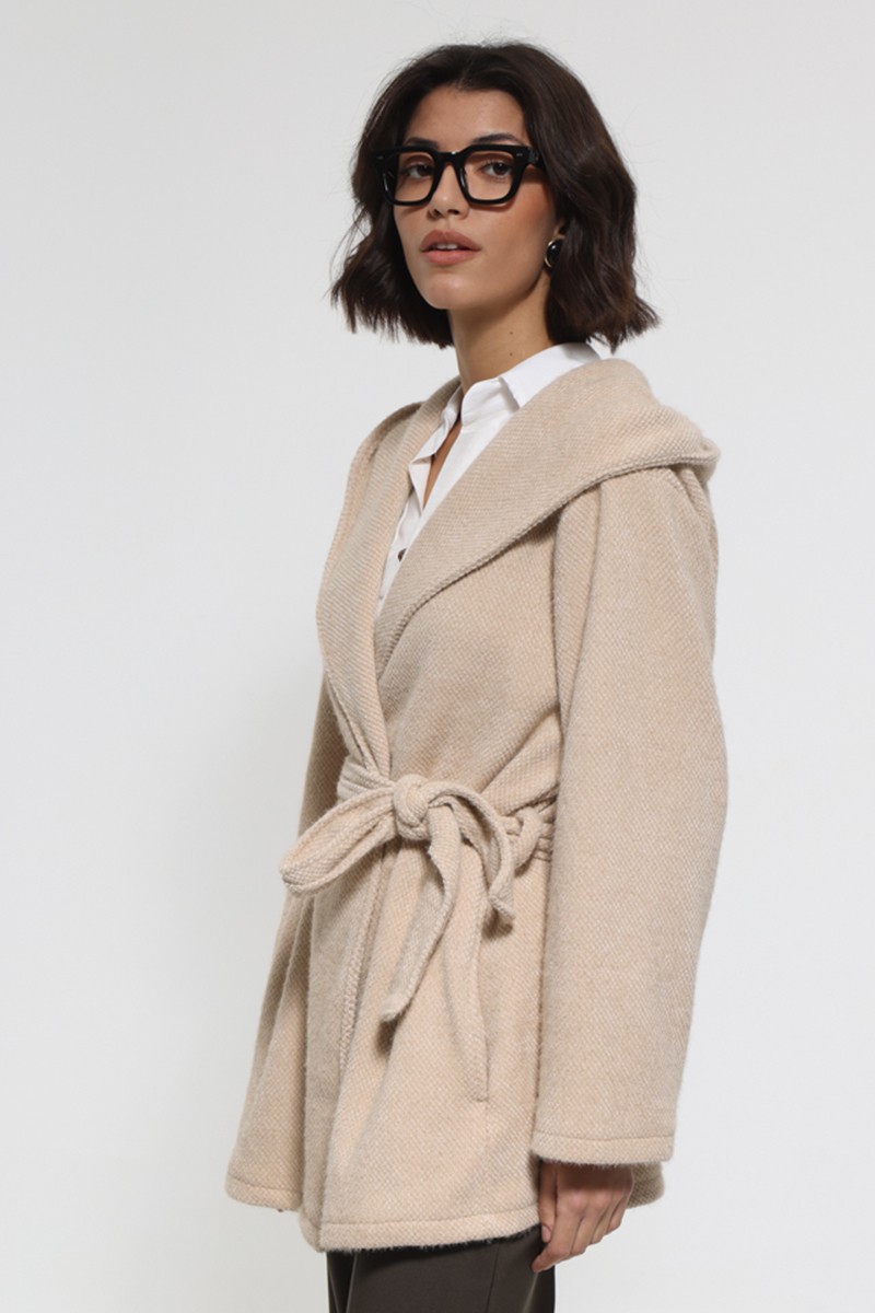 BEIGE JACKET WITH WAIST BELT AND HOOD