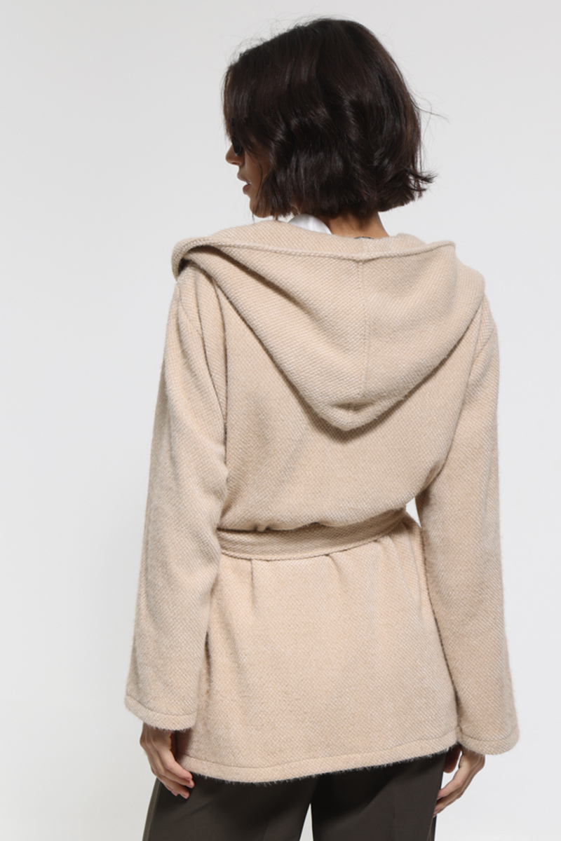 BEIGE JACKET WITH WAIST BELT AND HOOD