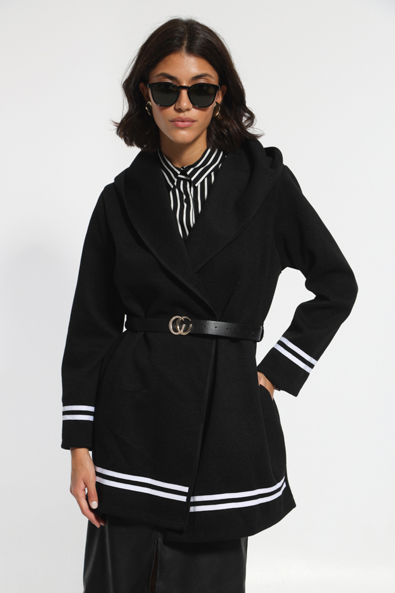 BLACK SHORT COAT WITH WAIST BELT AND HOOD