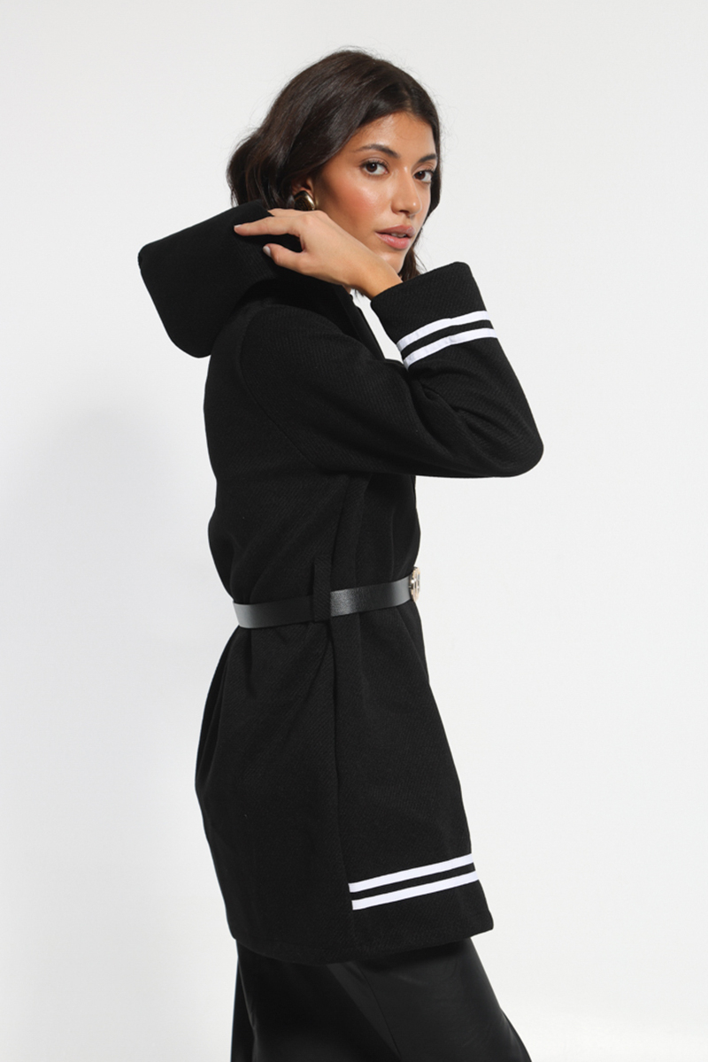 BLACK SHORT COAT WITH WAIST BELT AND HOOD