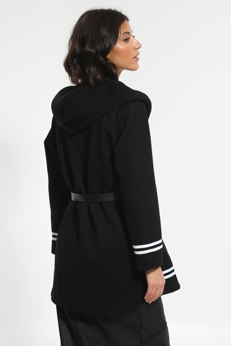 BLACK SHORT COAT WITH WAIST BELT AND HOOD