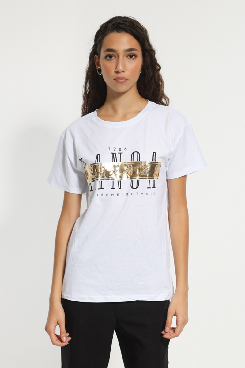 WHITE T-SHIRT WITH GOLD LOGO