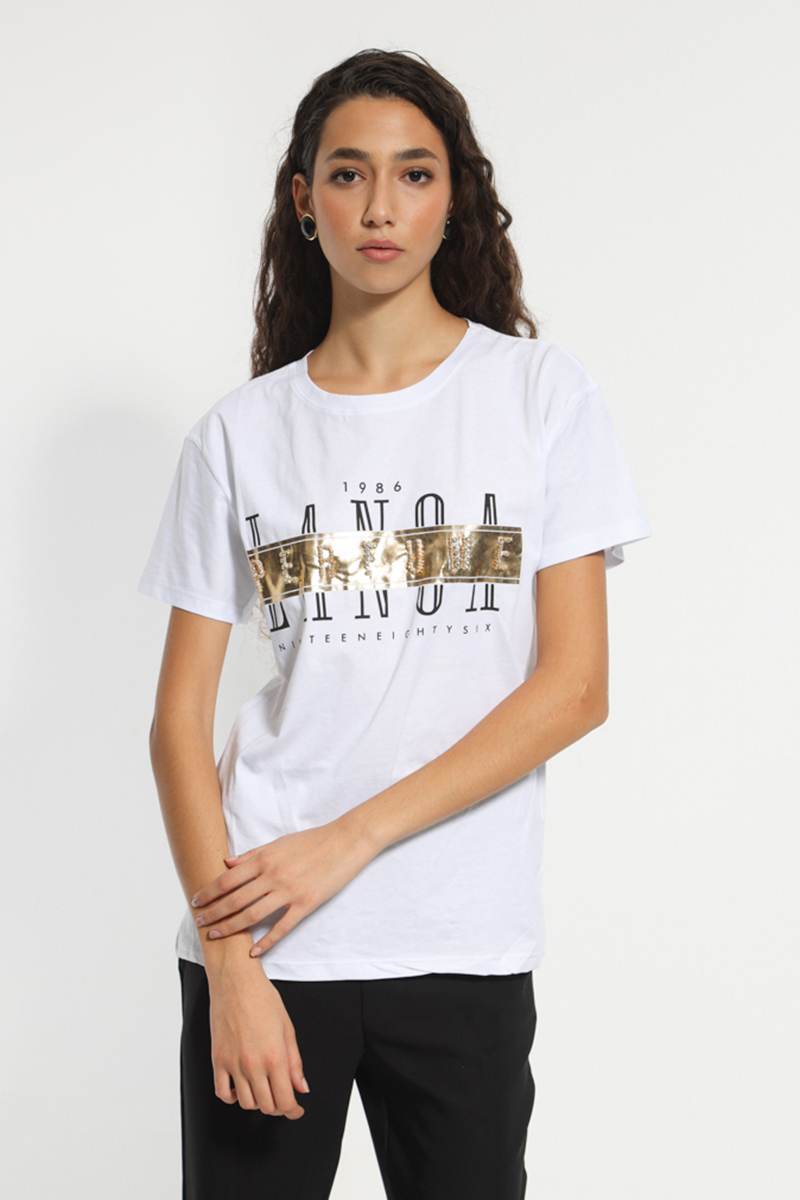 WHITE T-SHIRT WITH GOLD LOGO