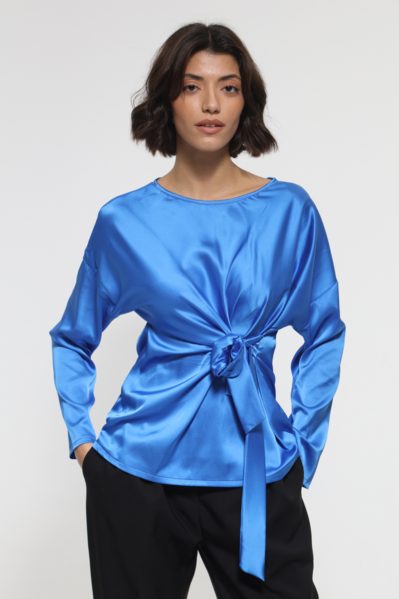 ROYAL BLUE LONG SLEEVE BLOUSE WITH WAIST TIE