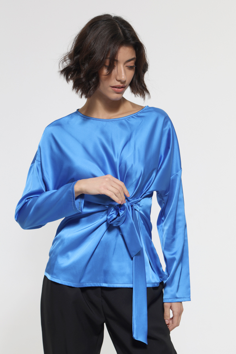 ROYAL BLUE LONG SLEEVE BLOUSE WITH WAIST TIE