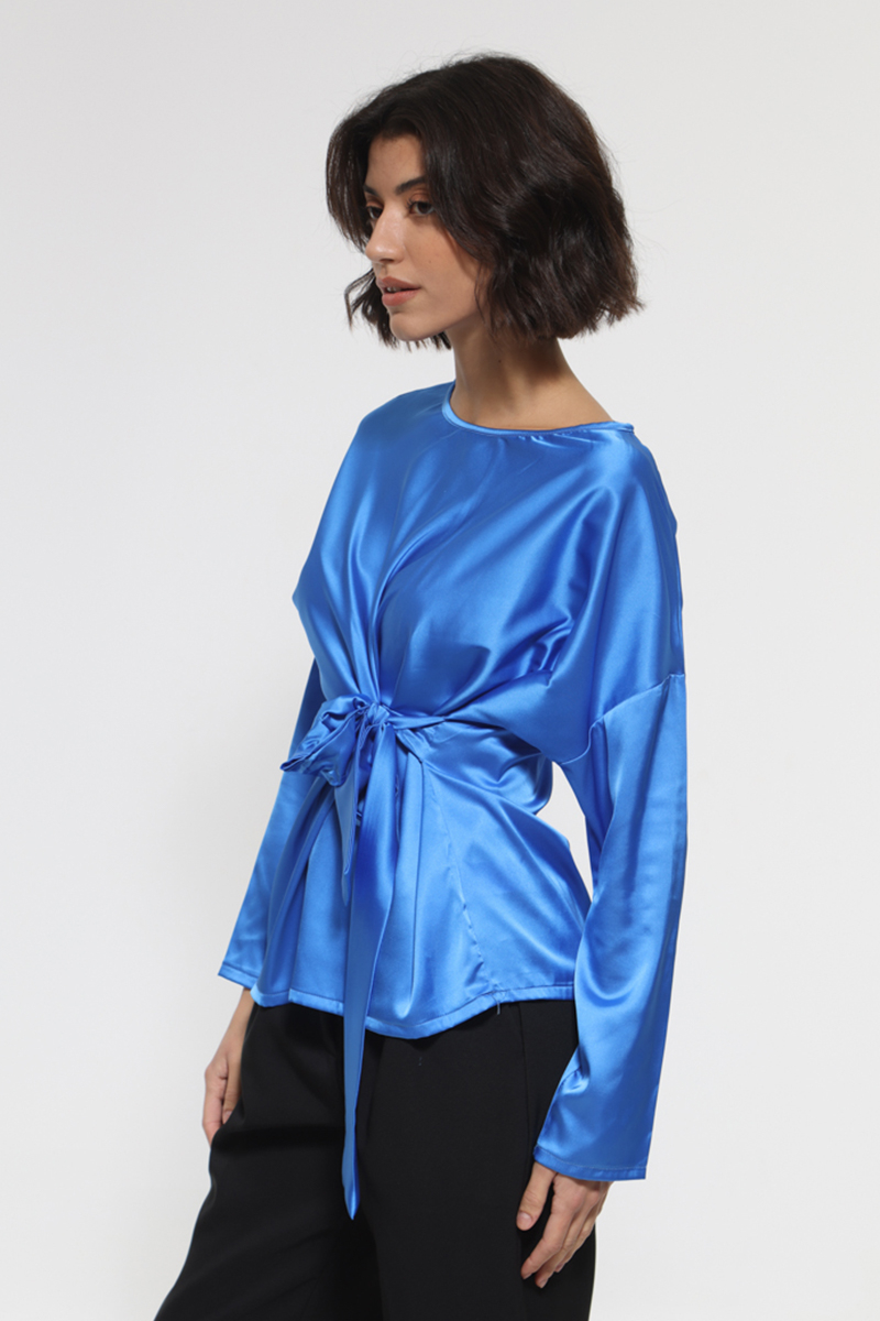 ROYAL BLUE LONG SLEEVE BLOUSE WITH WAIST TIE