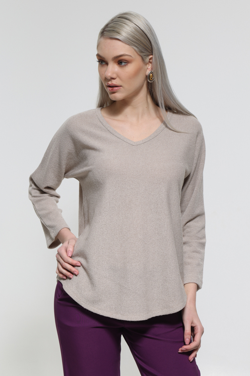 BEIGE LONG SLEEVE V-NECK BLOUSE