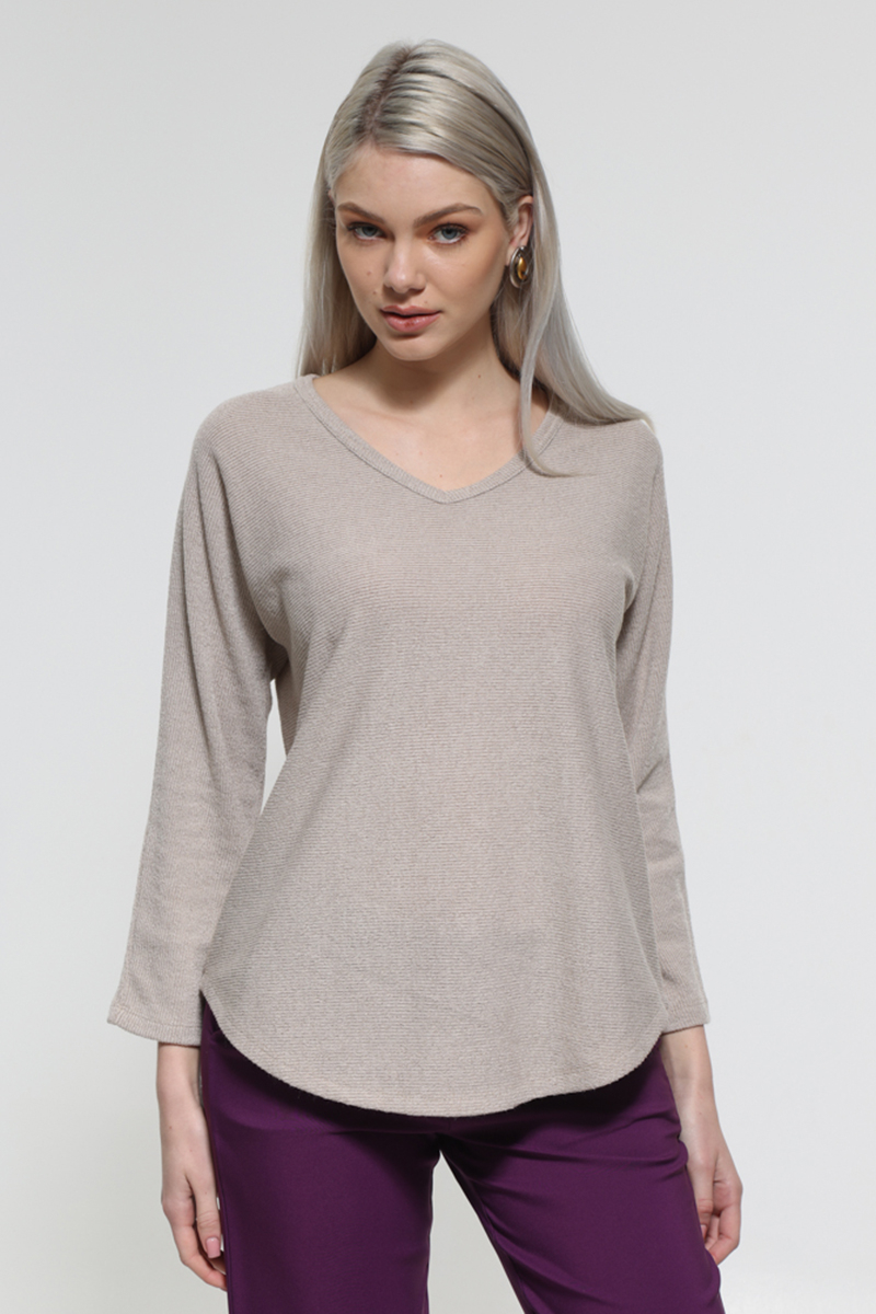 BEIGE LONG SLEEVE V-NECK BLOUSE