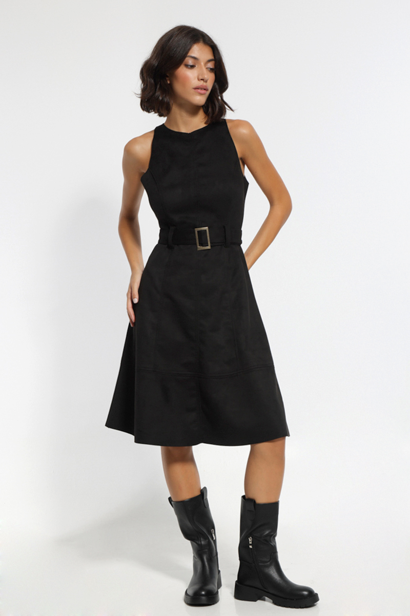 SLEEVELESS BLACK A-LINE MIDI DRESS WITH WAIST BELT