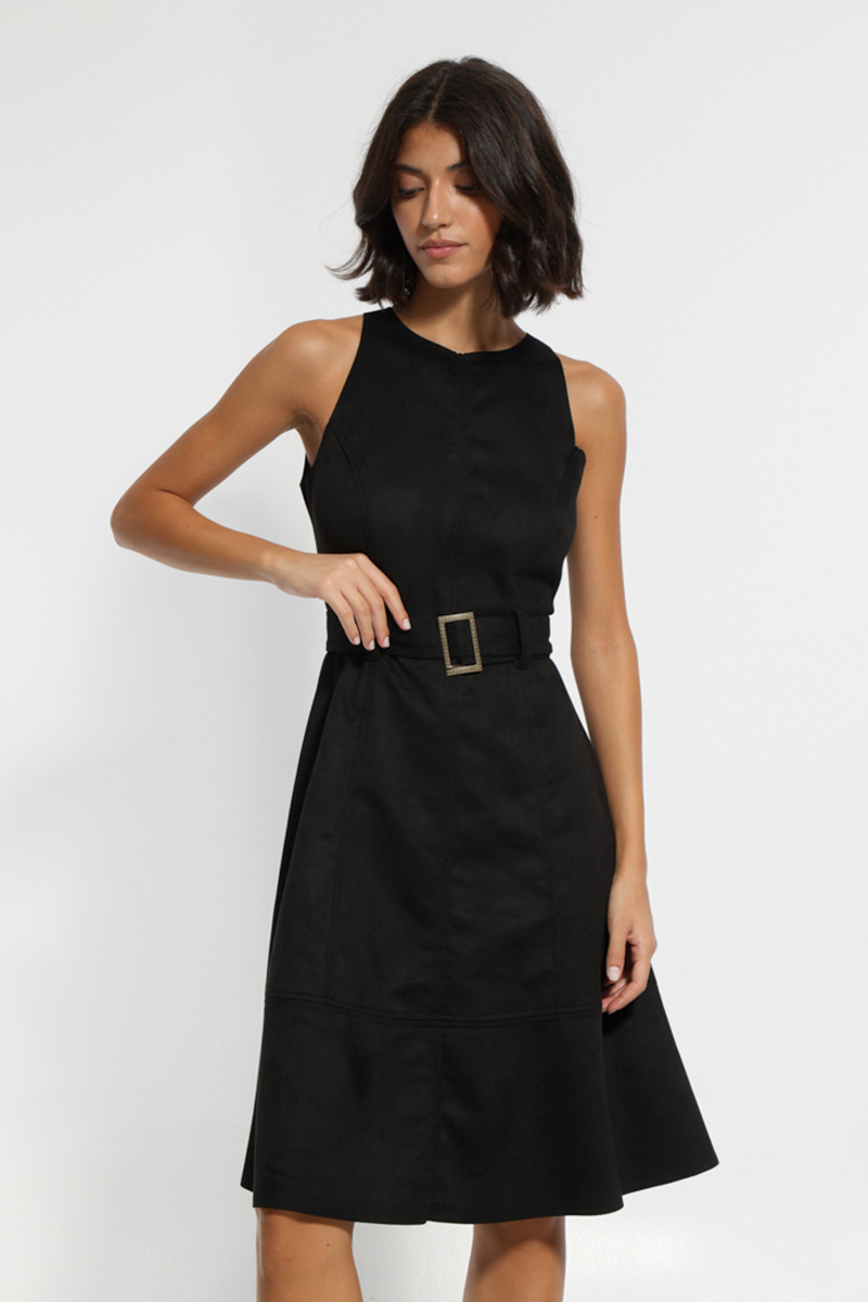 SLEEVELESS BLACK A-LINE MIDI DRESS WITH WAIST BELT